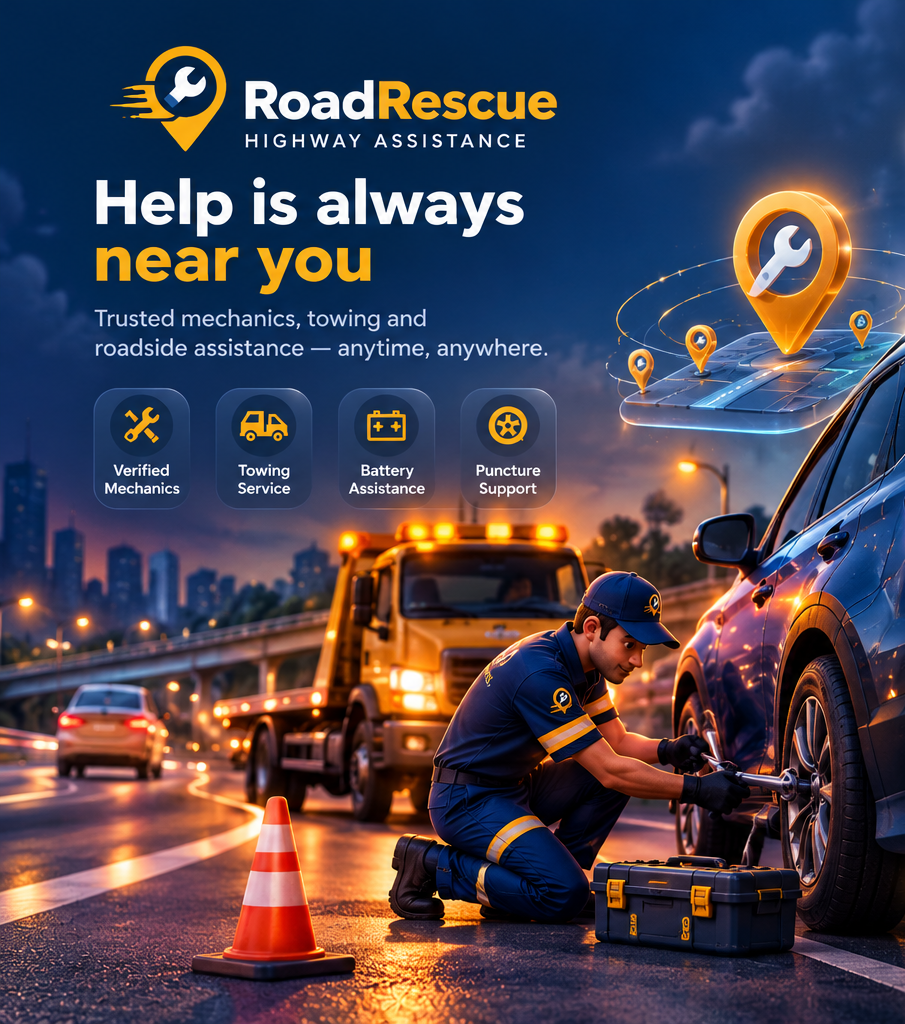 RoadRescue: help is always near you. Verified mechanics, towing, battery and puncture support on the highway.